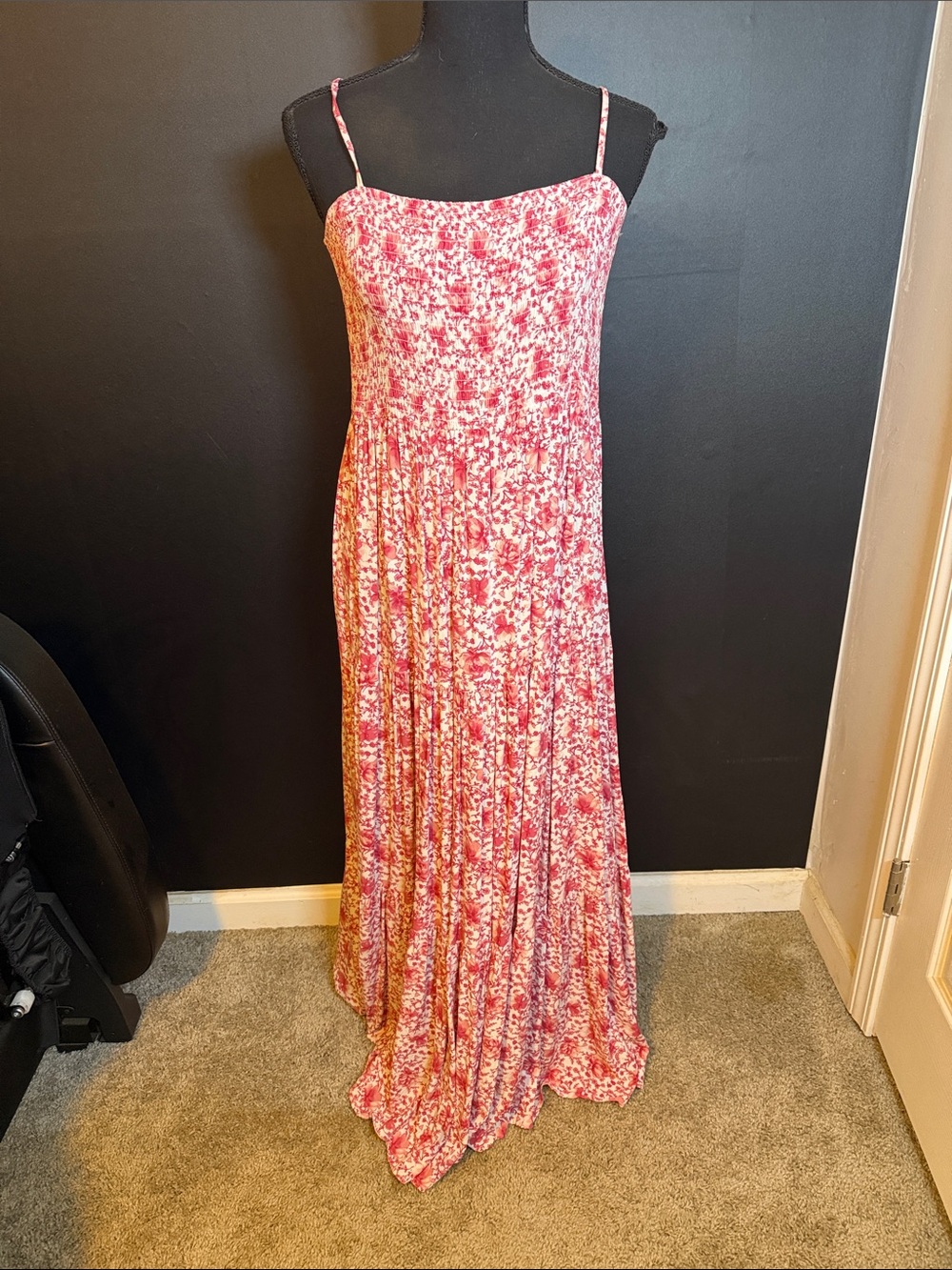 Women’s Pink Floral Maxi Dress, Sleeveless Spaghetti Strap XL